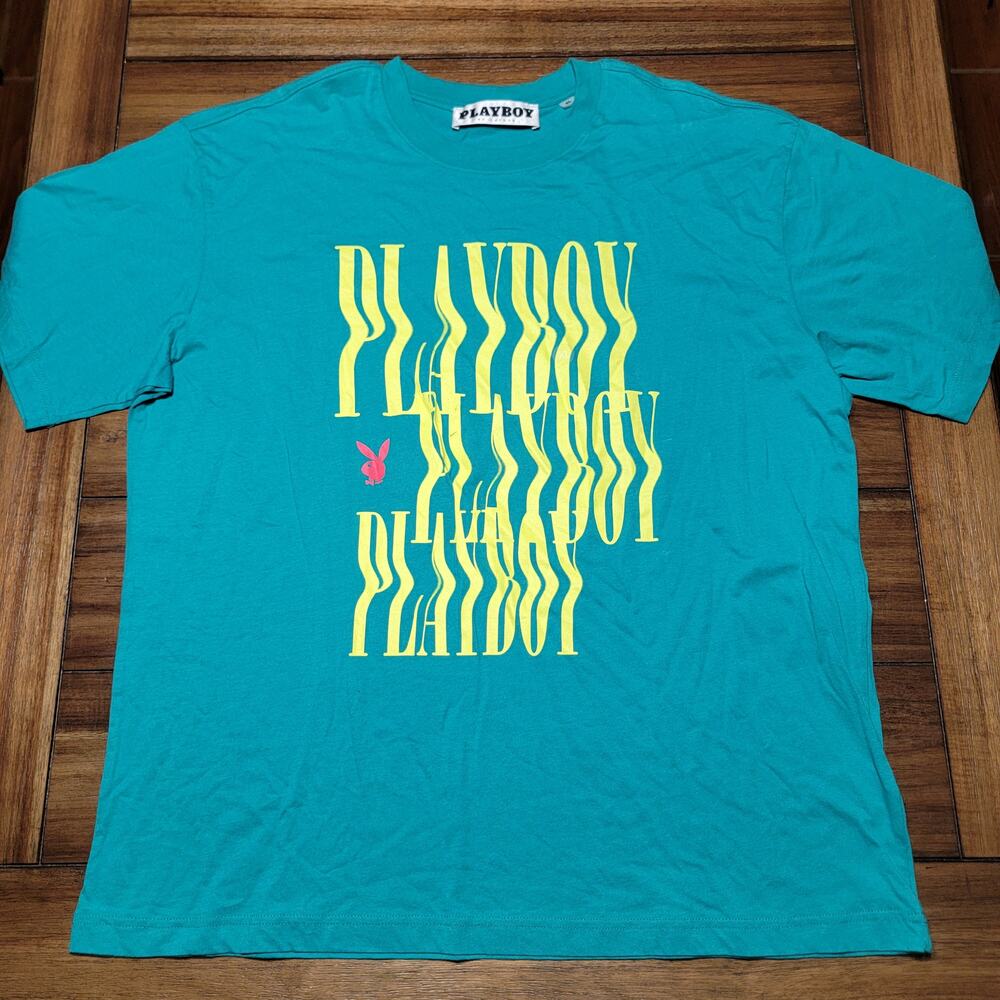 Playboy by Pacsun Teal Unisex Tee Yellow Wave Font - Size XL NWT